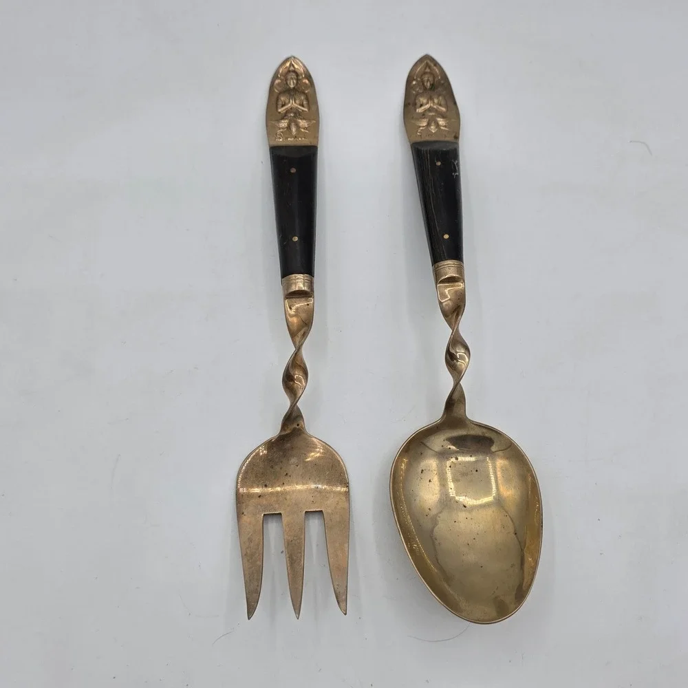 Vintage Thai Buddha Figurine Twisted Handle Serving Spoon Fork Set‎ Brass Black